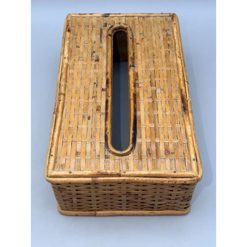 Vintage Boho Rattan Bamboo Wicker Tissue Box Cover Holder Natural Cottage Decor